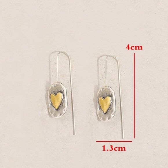 Hammered 2 Tone Silver Heart Drop Earrings Long Hook Vtg Style Pendant Retro - Picture 5 of 6